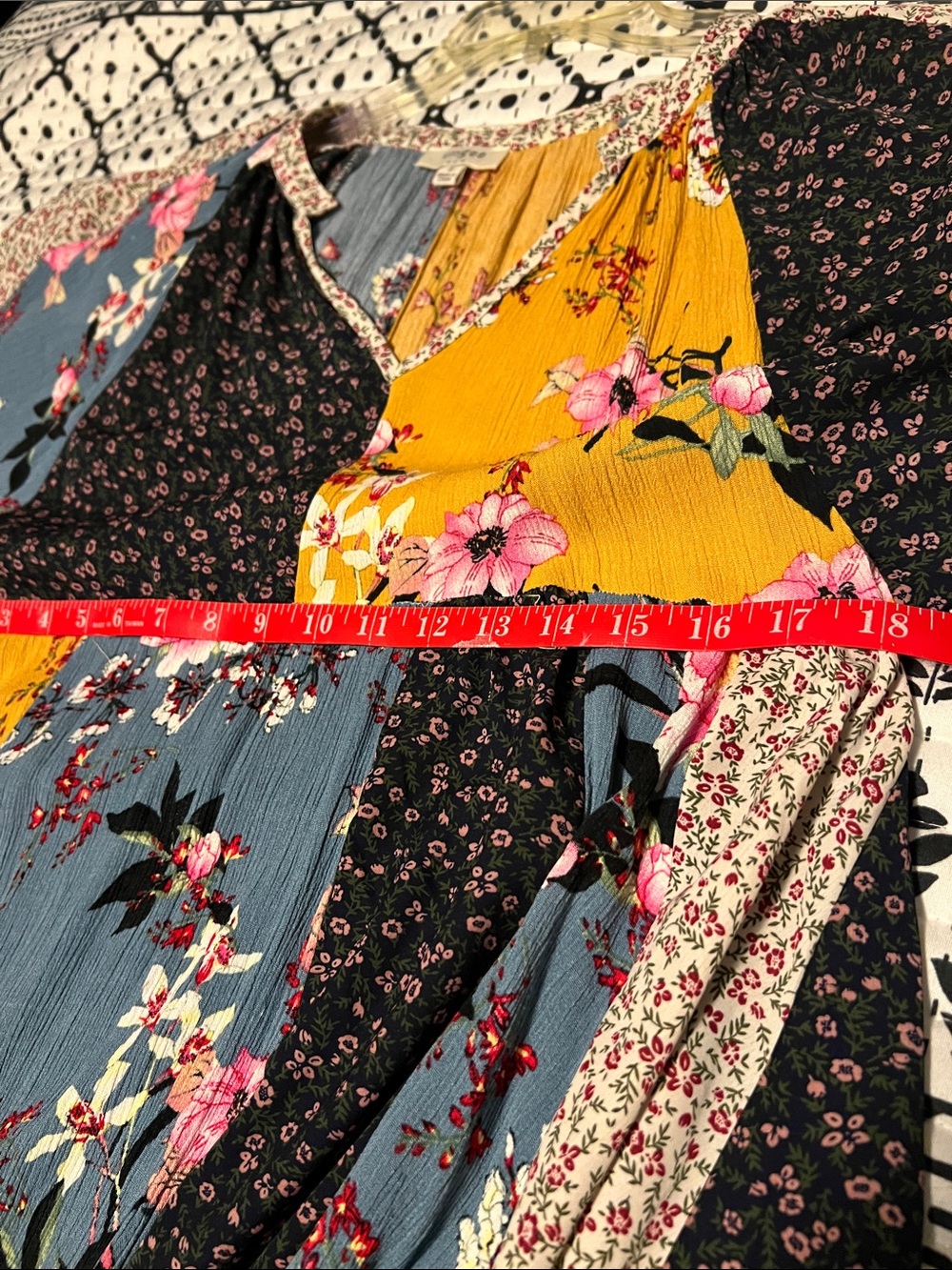 Umgee Multi-Panel Floral Patchwork Mini Dress in Mustard, Blue & Black - Picture 5 of 7